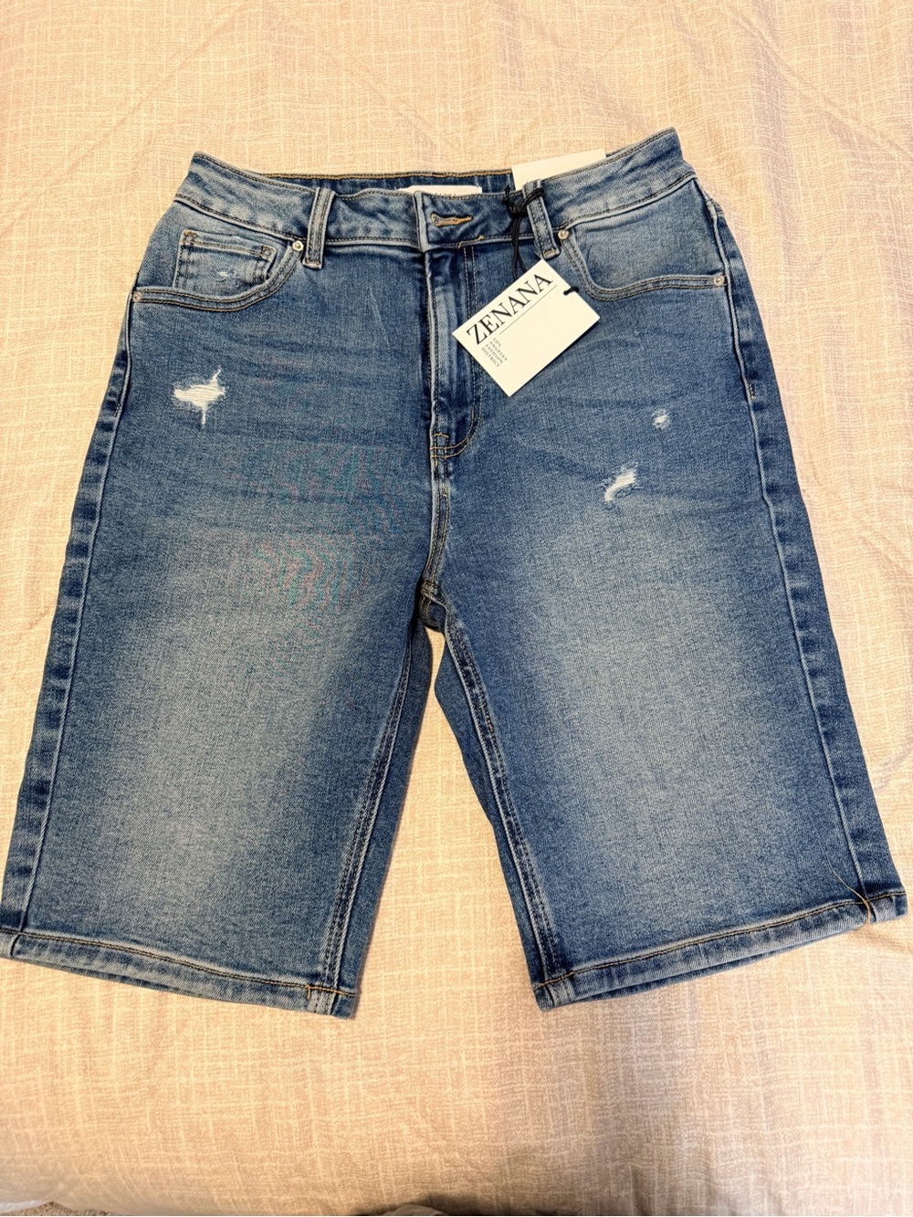 Zenana Outfitters Distressed Mid-Blue Denim Bermuda Shorts